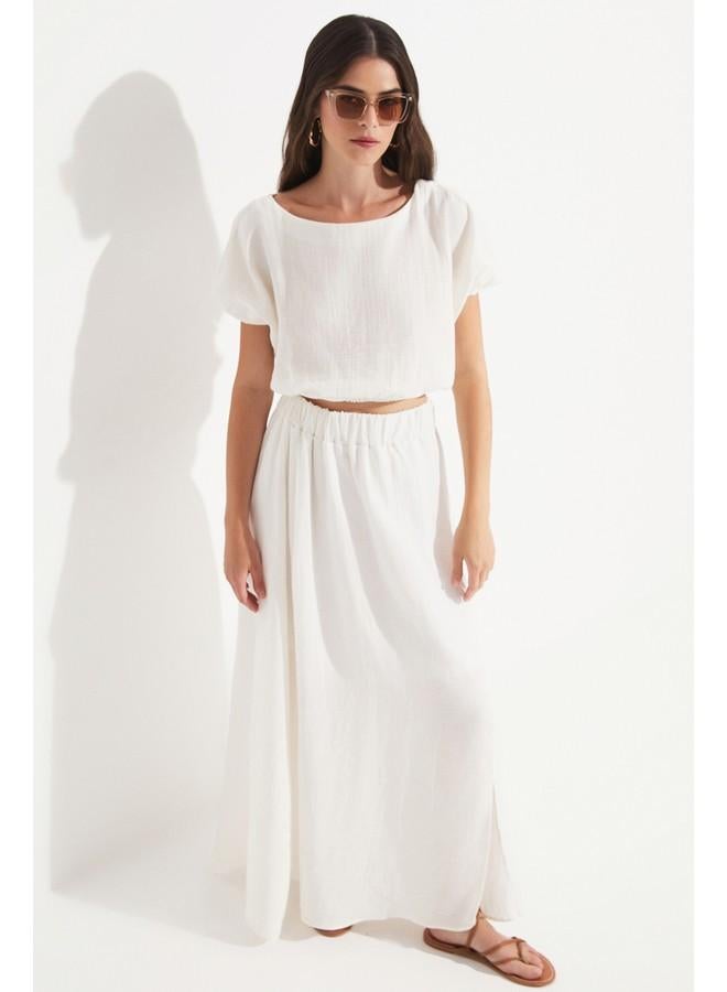 جون بلوزة قطنية قصيرة نسائية بيضاء - Image 3