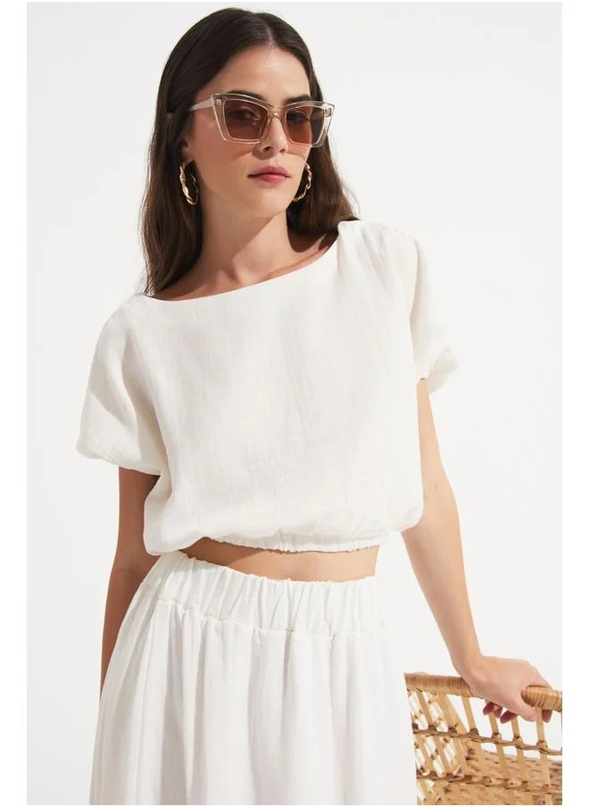 جون June Women 100% Cotton Crop Blouse White