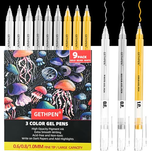 GETHPEN Gold Silver White Gel Pens 060810mm Extra Fine Point Opaque Archival Ink Pen Set for Black Paper Art Holiday Gifts Bullet Journaling 9 Pack Gel Pens for Artists Card Making Sketching - Image 1