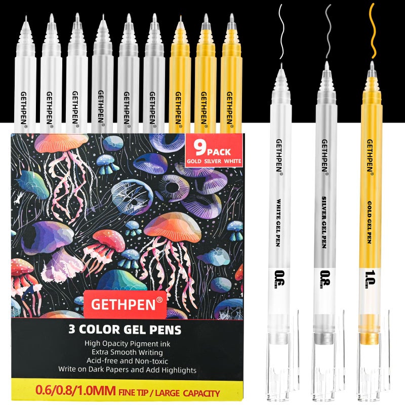 GETHPEN Gold Silver White Gel Pens 060810mm Extra Fine Point Opaque Archival Ink Pen Set for Black Paper Art Holiday Gifts Bullet Journaling 9 Pack Gel Pens for Artists Card Making Sketching - Image 3