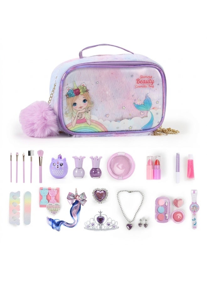 Capstro Kids Pretend Play Makeup Set – Role Play Cosmetic Kit with Carry Case, Lipstick, Nail Polish, Brushes & Accessories | Imaginative Play Set, Creative Gift for Girls – Purple Mermaid Makeup Backpack - Image 1