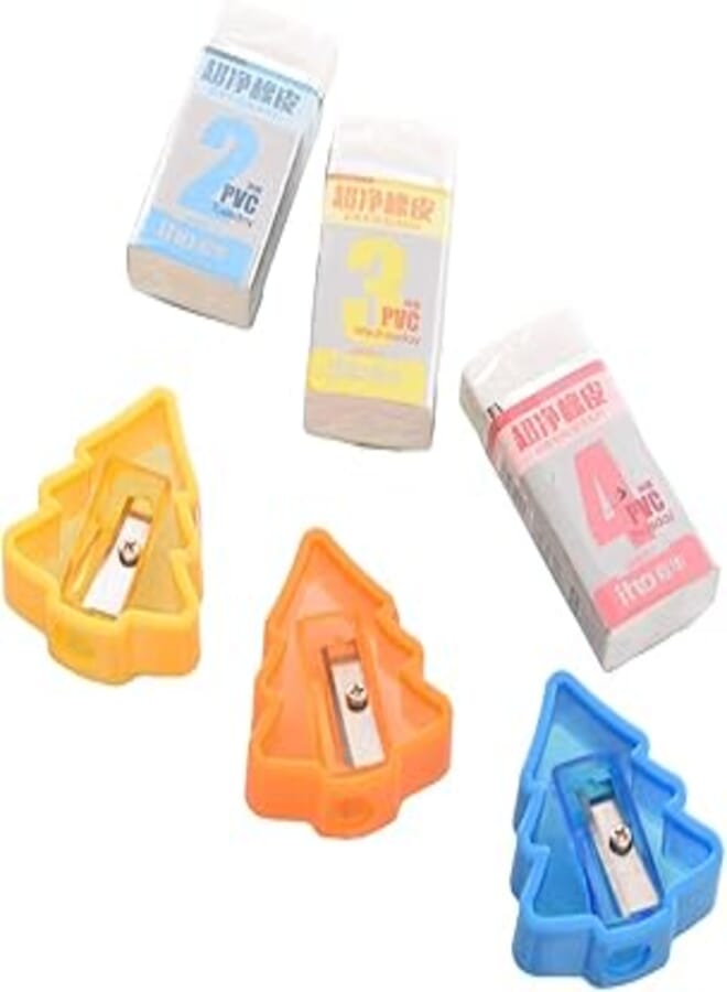 Bundle of iho ah8511 high quality pvc eraser set of 3 pcs. & doms pencil sharpener tree shape set of 3 pcs. - multi color
