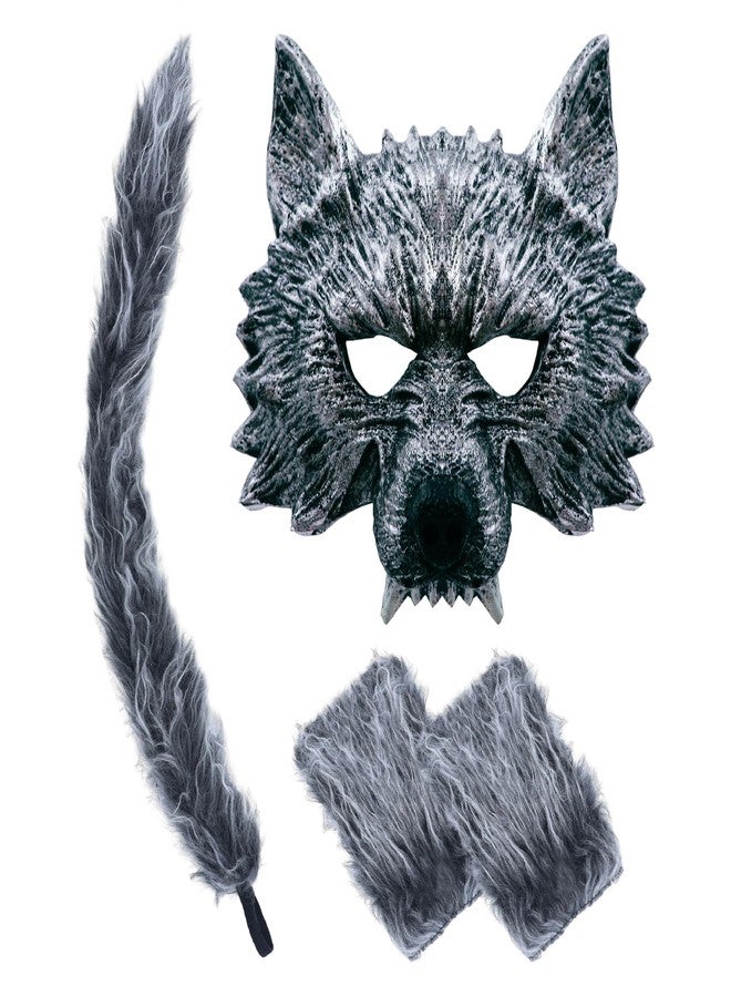 D-Fokes 4 PCS Werewolf Costume Set - Realistic Wolf Mask, Gloves and Tail - Adult & Kids Cosplay Halloween Wolf Mask - Image 1