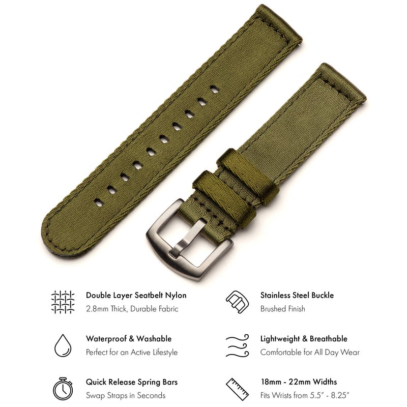 Benchmark Basics Army Green 20mm Quick Release Watch Band - Premium Waterproof Seatbelt Nylon Watch Straps for Men and Women - Compatible with Regular & Smart Watches - Image 2