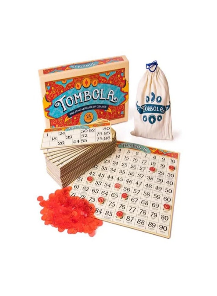 Tombola - Tombola Board Game The Italian game of chance for family, friends, and large parties up to 24 players Includes calling board, 90 tombolini tiles, 24 double-sided cards, and 360 chips - Image 1