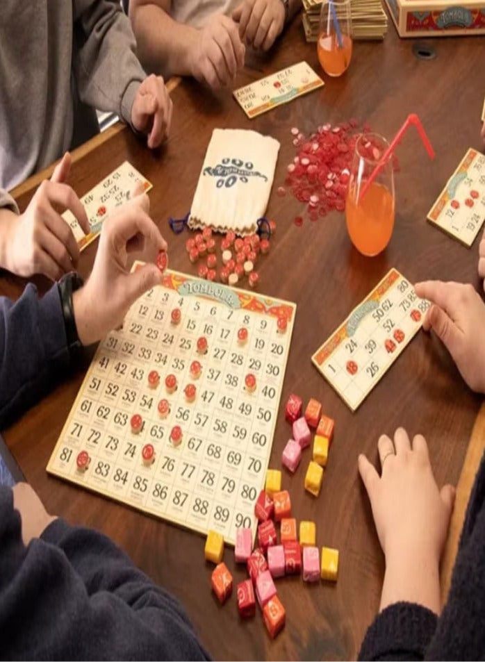 Tombola - Tombola Board Game The Italian game of chance for family, friends, and large parties up to 24 players Includes calling board, 90 tombolini tiles, 24 double-sided cards, and 360 chips - Image 3