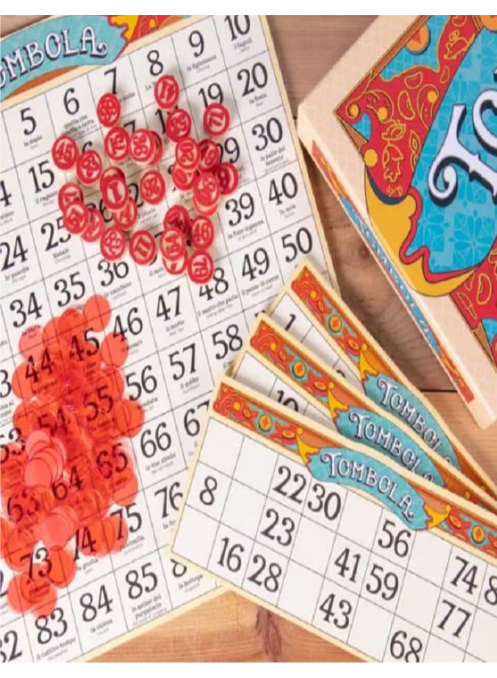 Tombola - Tombola Board Game The Italian game of chance for family, friends, and large parties up to 24 players Includes calling board, 90 tombolini tiles, 24 double-sided cards, and 360 chips - Image 2