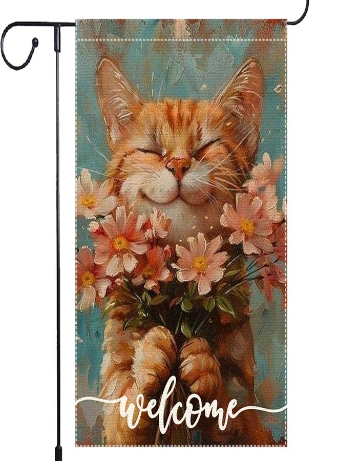 RMXJKIIU Welcome Summer Cat Garden Flag 12x18 Inch Double Sided Colorful Floral Small Burlap Home Yard Lawn Holiday Outdoor Garden Flags Decorations - Image 1