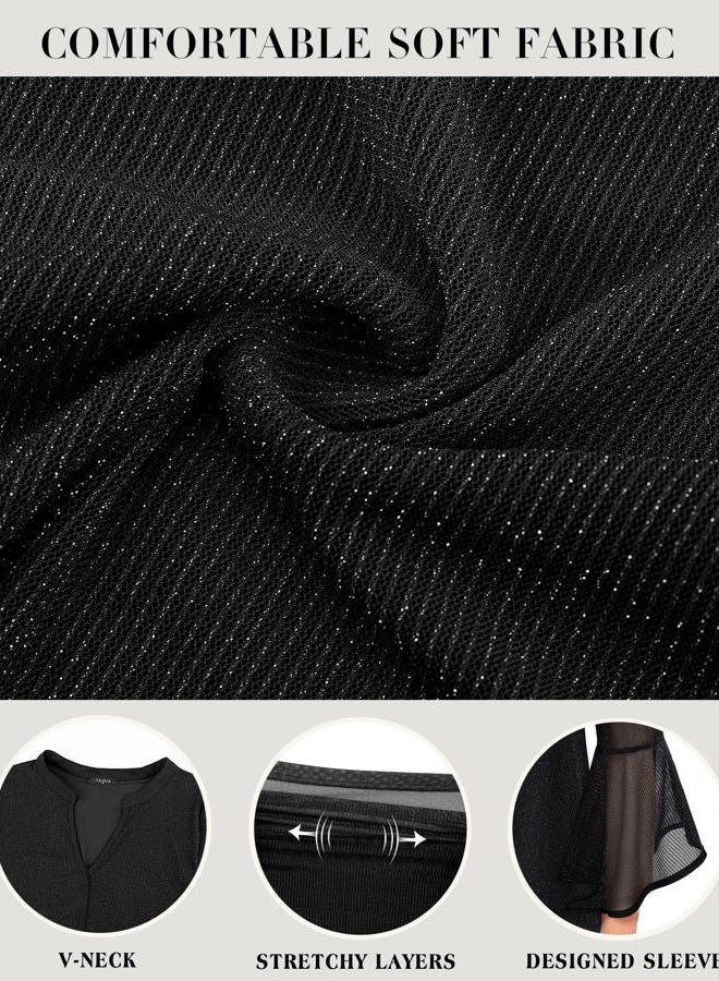 VALOLIA Dressy Blouses for Women: Party - Women's 3/4 Sleeve Shirts - Tunic Tops for Women Loose Fit Dressy V Neck Color Block Elegant Texture Mesh Weddging Tops Shirts for Cocktail Black Large - Image 4