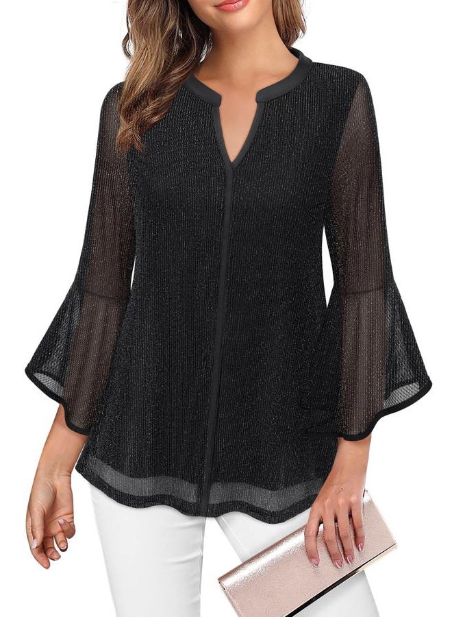 VALOLIA Dressy Blouses for Women: Party - Women's 3/4 Sleeve Shirts - Tunic Tops for Women Loose Fit Dressy V Neck Color Block Elegant Texture Mesh Weddging Tops Shirts for Cocktail Black Large - Image 1