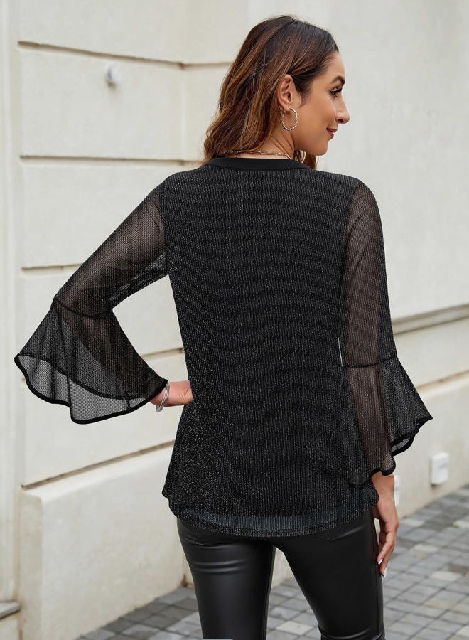 VALOLIA Dressy Blouses for Women: Party - Women's 3/4 Sleeve Shirts - Tunic Tops for Women Loose Fit Dressy V Neck Color Block Elegant Texture Mesh Weddging Tops Shirts for Cocktail Black Large - Image 3