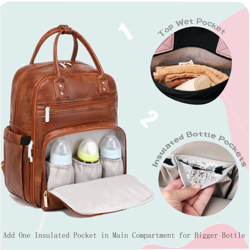 LORADI 18 Pockets Large Diaper Bag Backpack with 4 Insulated Pockets and Stroller Clips, Baby Shower Essentials (Brown, Large) - Image 2