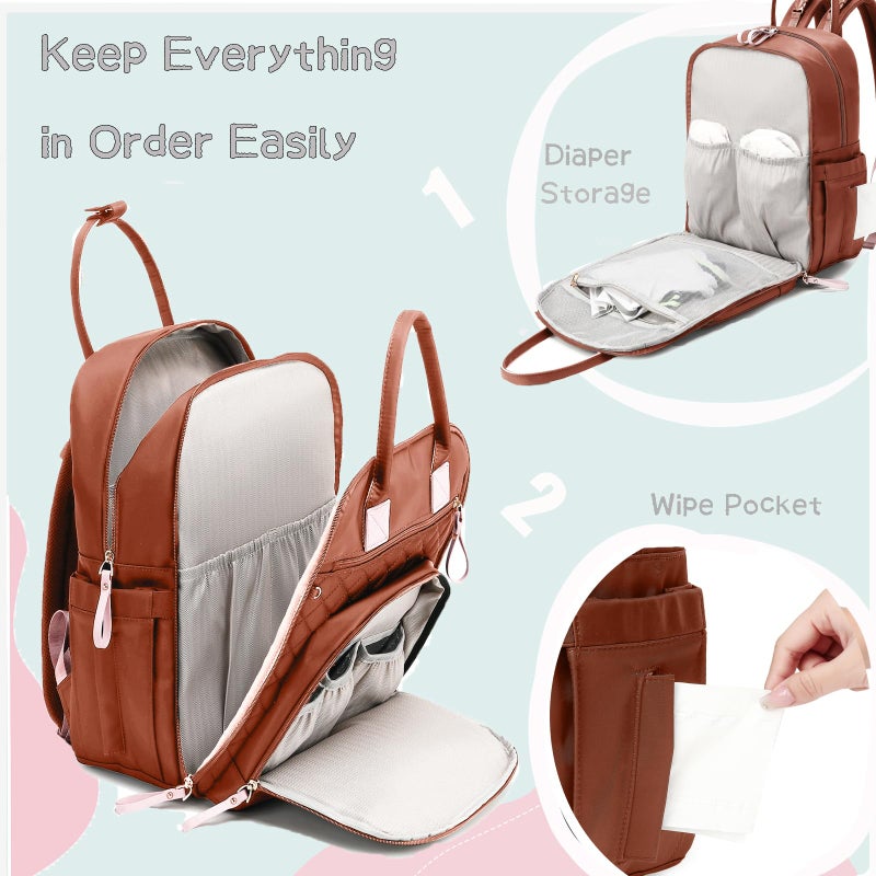 LORADI 18 Pockets Large Diaper Bag Backpack with 4 Insulated Pockets and Stroller Clips, Baby Shower Essentials (Brown, Large) - Image 3