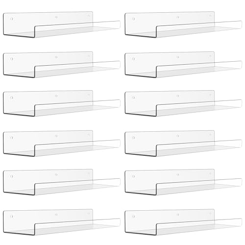 upsimples 12 Pack Acrylic Shelves Wall Organizer and Storage 15 Display Shelf for Figure Toy Cars Perfume Kids Bookshelf for Bedroom Nursery Craft Room Clear
