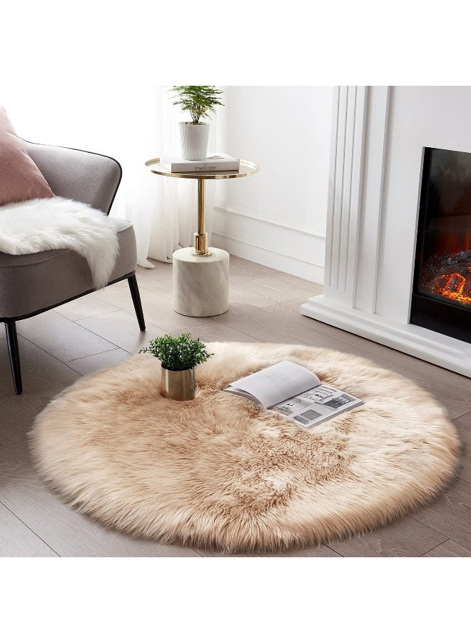 SERISSA Soft Round Faux Sheepskin Fur Area Rug Beige Circle Fluffy Rugs Circular Shaggy Rug Plush Circle Carpet Play Mats for Kids Girls Room Princess Castle Christmas, 5ft Diameter - Image 1