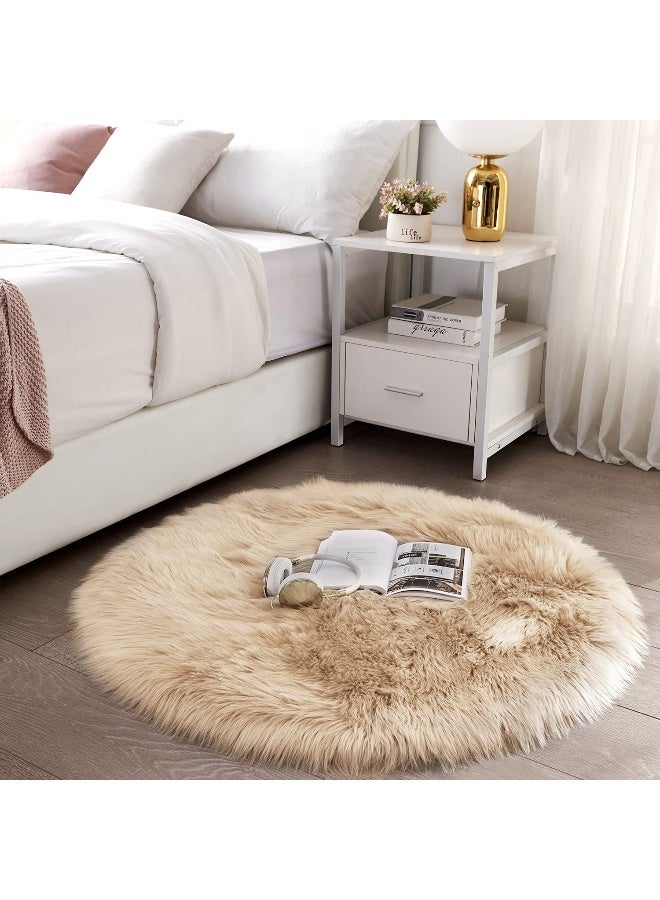 SERISSA Soft Round Faux Sheepskin Fur Area Rug Beige Circle Fluffy Rugs Circular Shaggy Rug Plush Circle Carpet Play Mats for Kids Girls Room Princess Castle Christmas, 5ft Diameter - Image 2