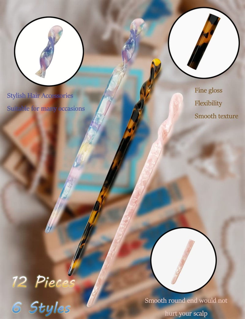 Olawyrae Acetate Tortoise Shell Hair Sticks - Leopard Print Hair Pins, 12 Pieces for Long Hair - Chinese Hair Styling Accessories for Women & Girls - Image 3
