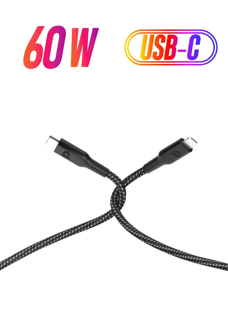 Powerology USB-C To Lightning Braided Cable Data & Fast Charger 2m 60W PD/ Fast Charging Compatible with iPhone 14/14 Plus/ 14 Pro/14 Pro Max/iPhone 13/12/11/XS/Pro Max /Pro/Mini/SE/iPad 9 - Black  - Image 1