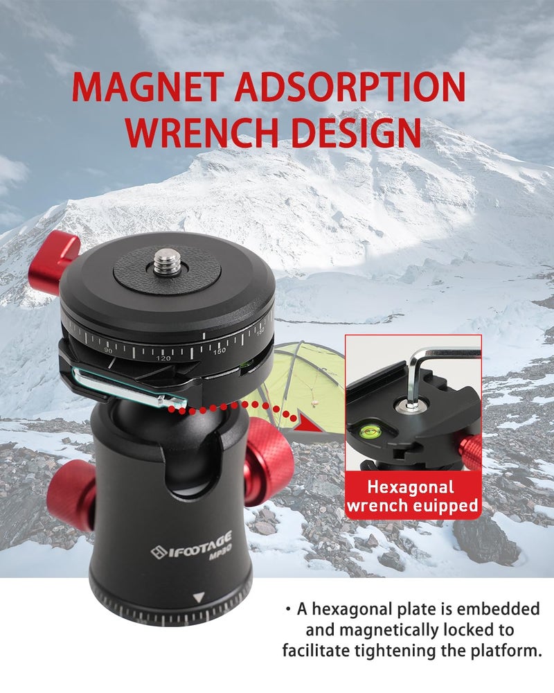 IFOOTAGE Tripod Head MP30, Dual 360° Panoromic Shooting Tripod Ball Head, 22 lbs Supporting Ball Head Mount, Professional Aluminum Ball Head for Tripod, Monopod, Slider, DSLR Camera, Komodo MP30 - Image 4