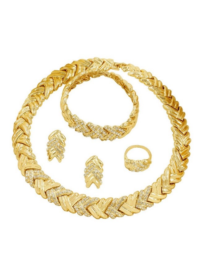 Liffly مجموعة مجوهرات كريستال عصرية للنساء مطلية بالذهب عيار 18 للزفاف مجموعة قلادة وأقراط ذهبية في دبي - Image 1