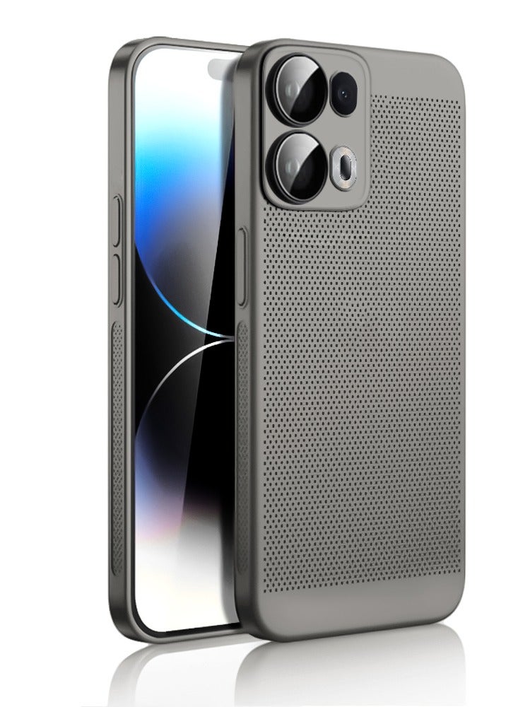 Heat Dissipation Case with Built in Camera Lens Protector Slim Fit Breathable Cooling Anti Fingerprint Hard PC Back Shockproof Cover For Oppo Reno 13 Pro (Grey)