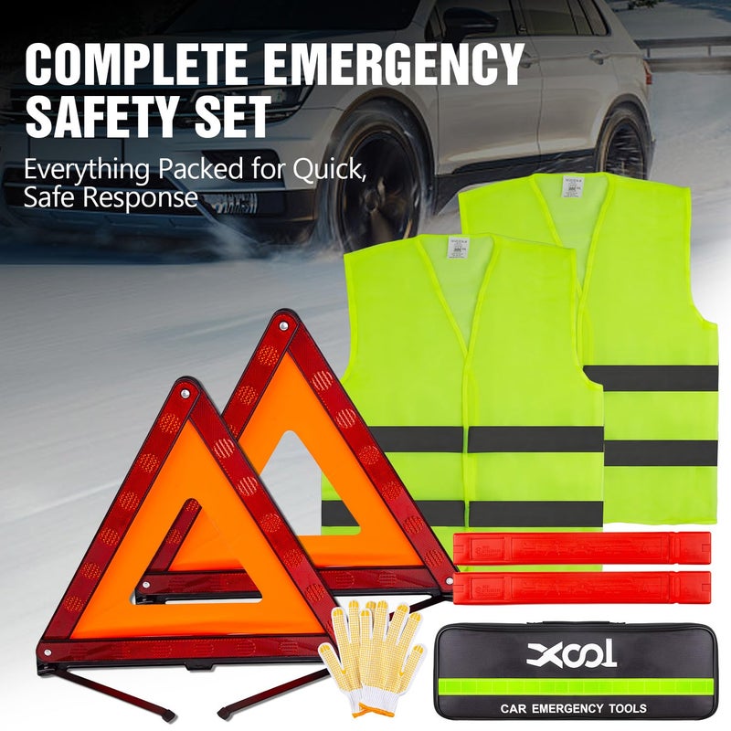 XOOL Emergency Warning Triangle Kit â€“ Roadside Safety Kit with Reflective Warning Triangles, High-Visibility Safety Vests, Storage Bag & Gloves for Car Breakdowns & Emergencies - Image 2