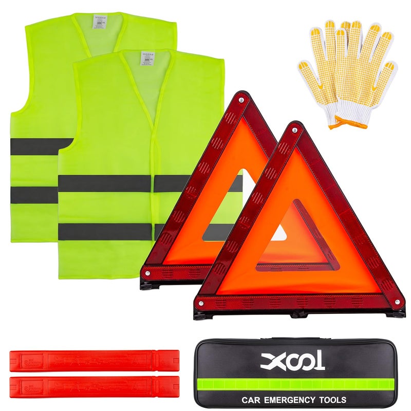XOOL Emergency Warning Triangle Kit â€“ Roadside Safety Kit with Reflective Warning Triangles, High-Visibility Safety Vests, Storage Bag & Gloves for Car Breakdowns & Emergencies - Image 1