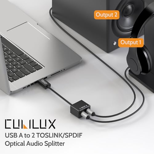 Cubilux USB A to Dual TOSLINK Optical Audio Splitter, USB Type A to Double SPDIF Converter, 2-Way S/PDIF Adapter Compatible with Lenovo, Dell, HP Laptop, Computer, Surface - Image 2