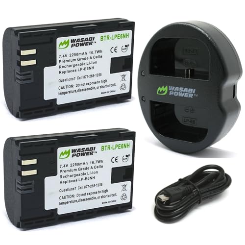 Wasabi Power LP-E6NH Battery (2-Pack) & Dual USB Charger for Canon EOS 5D Mark II/III/IV, 5DS, 5DS R, 6D, 6D Mark II, 7D, 7D Mark II, 70D, 80D, 90D, R, R5, R5C, R6, R7, Ra, XC10, XC15, BMPCC 4K and 6K - Image 1