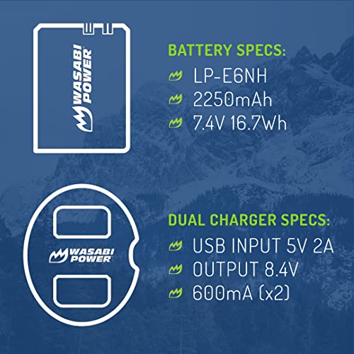 Wasabi Power LP-E6NH Battery (2-Pack) & Dual USB Charger for Canon EOS 5D Mark II/III/IV, 5DS, 5DS R, 6D, 6D Mark II, 7D, 7D Mark II, 70D, 80D, 90D, R, R5, R5C, R6, R7, Ra, XC10, XC15, BMPCC 4K and 6K - Image 3