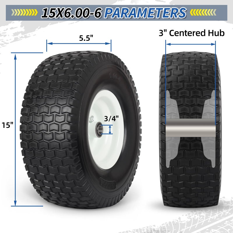 GICOOL 15x6.00-6 Flat Free Lawn Mower Tire and Wheel, 15x6-6nhs Riding Mowers Lawn Tire and Wheel with 3/4" Bearing, 3" Centered Hub, 2 Pack - Image 2