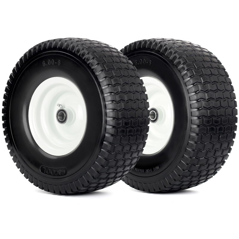 GICOOL 15x6.00-6 Flat Free Lawn Mower Tire and Wheel, 15x6-6nhs Riding Mowers Lawn Tire and Wheel with 3/4" Bearing, 3" Centered Hub, 2 Pack - Image 1
