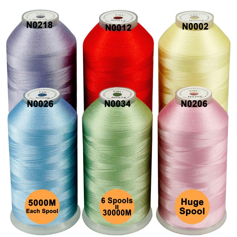 New brothreads - 40 Options- Various Assorted Color Packs of Polyester Embroidery Machine Thread Huge Spool 5000M for All Embroidery Machines -6xPastel Colors 1