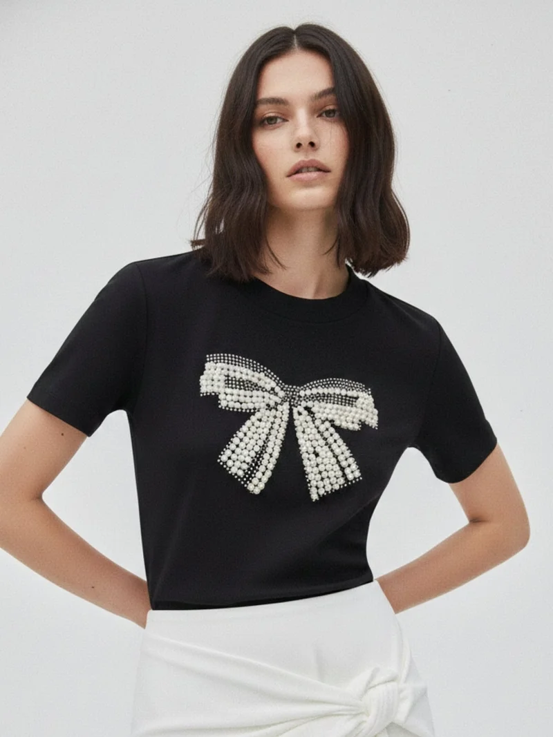 Outzidr  Black Embellished Large Bow T-Shirt for Women | Best Price UAE