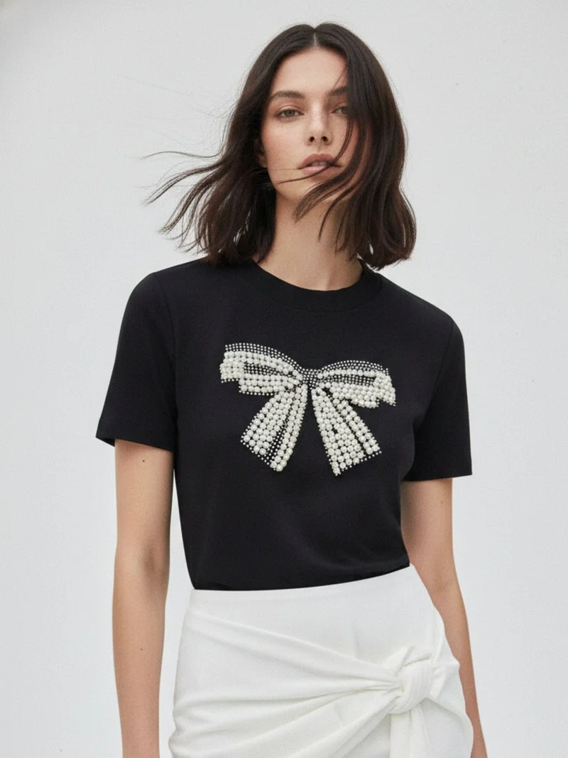 Black Embellished Large Bow T-Shirt