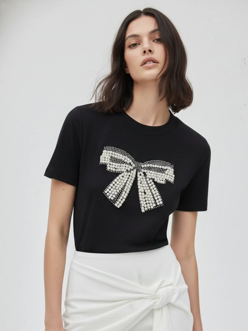 Outzidr  Black Embellished Large Bow T-Shirt for Women | Best Price UAE