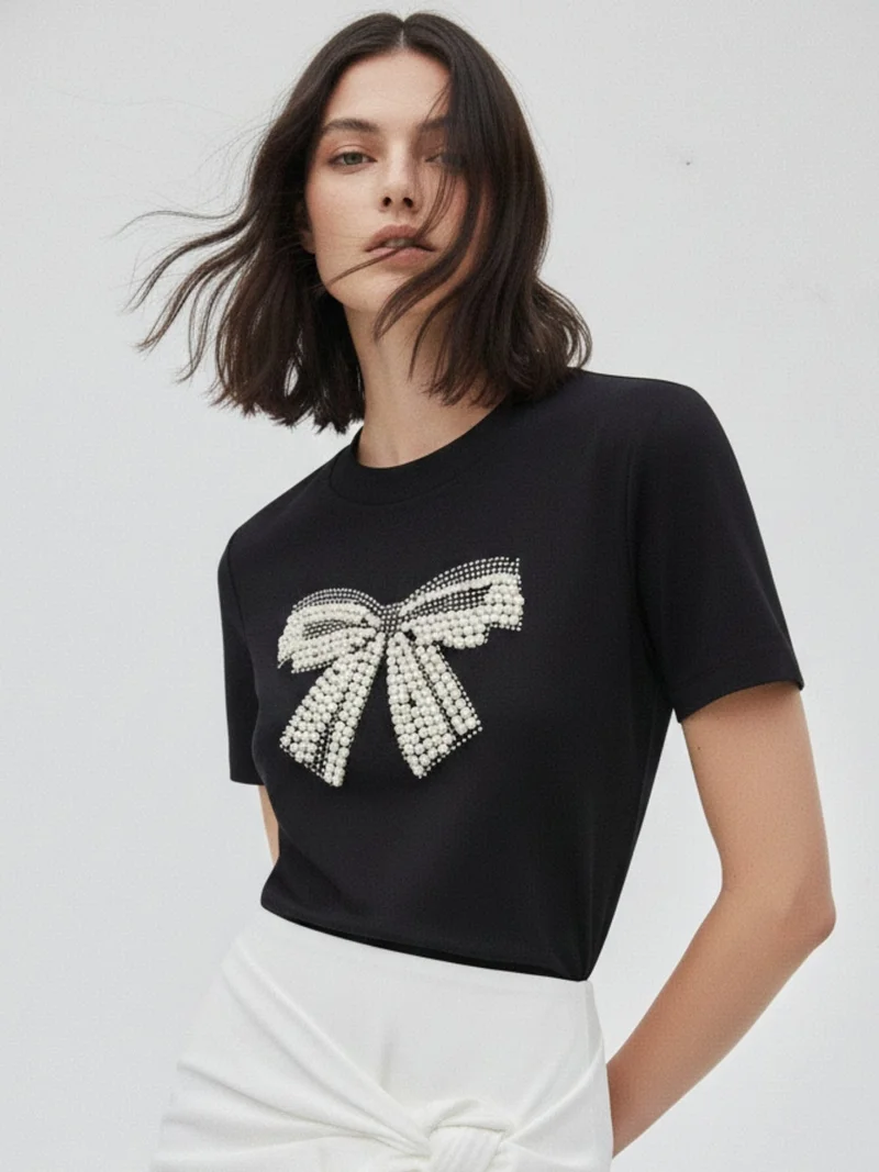 Outzidr  Black Embellished Large Bow T-Shirt for Women | Best Price UAE
