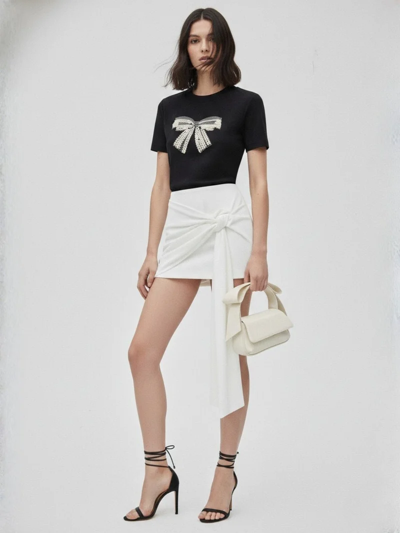 Outzidr  Black Embellished Large Bow T-Shirt for Women | Best Price UAE