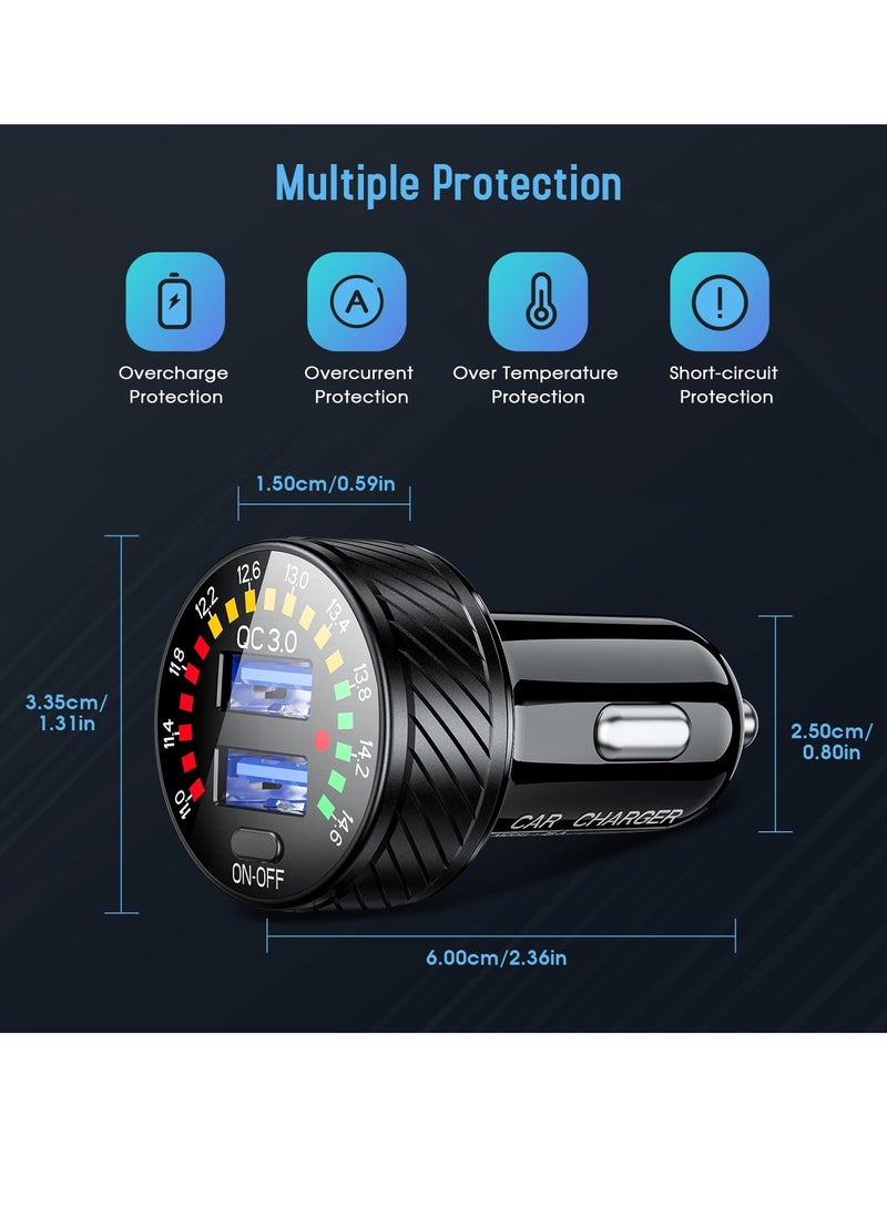 محول شاحن السيارة ولاعة السجائر، شاحن سيارة سريع مزدوج USB 36W/3A QC3.0 مع مفتاح فولتومتر LED لهاتف كاميرا iPhone 13/12/11/X/XR، Galaxy S22 S21 20 10 9، محول شاحن السيارة - Image 2