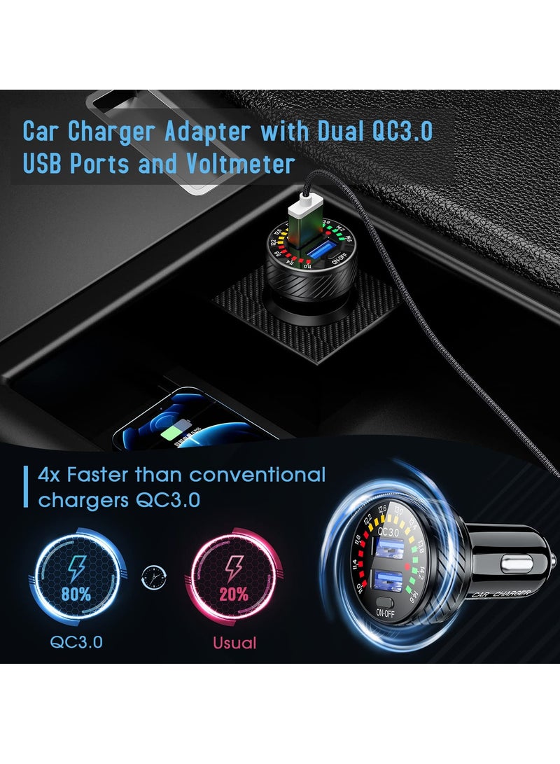 محول شاحن السيارة ولاعة السجائر، شاحن سيارة سريع مزدوج USB 36W/3A QC3.0 مع مفتاح فولتومتر LED لهاتف كاميرا iPhone 13/12/11/X/XR، Galaxy S22 S21 20 10 9، محول شاحن السيارة - Image 4