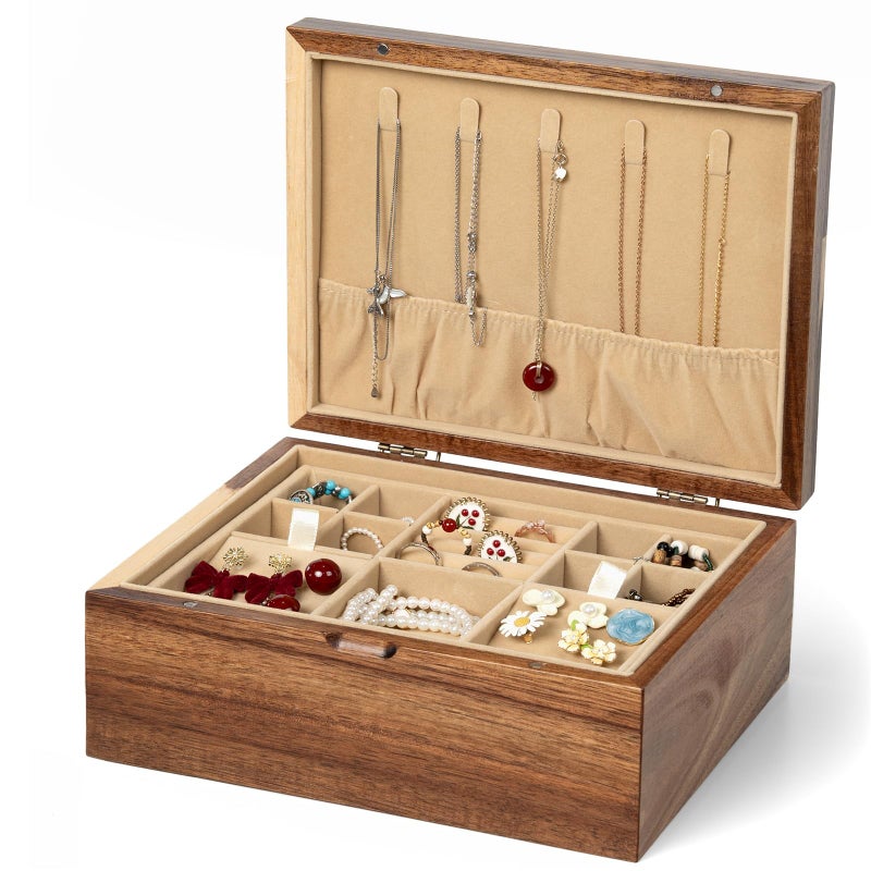 Danfoxer Acacia Wood Jewelry Box Organizers, Wooden Jewellery Organizer with Hinged Lids and Removable Jewelry Tray for Necklace Earring Rings and Bracelet - Image 1