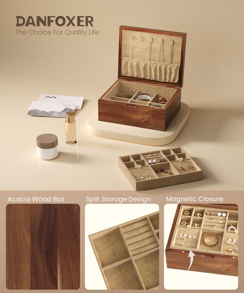 Danfoxer Acacia Wood Jewelry Box Organizers, Wooden Jewellery Organizer with Hinged Lids and Removable Jewelry Tray for Necklace Earring Rings and Bracelet - Image 2