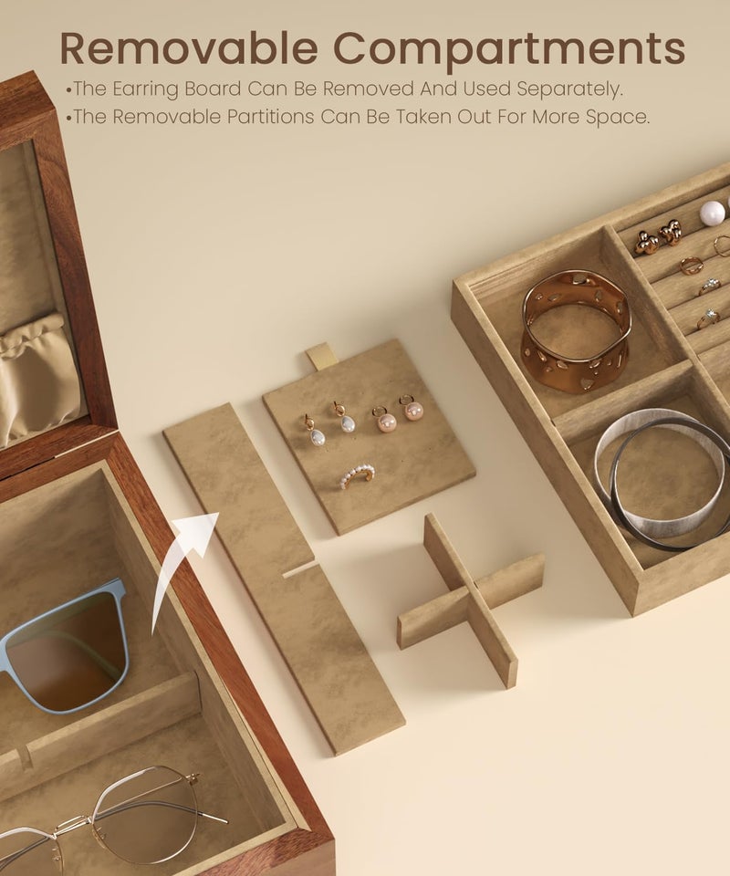 Danfoxer Acacia Wood Jewelry Box Organizers, Wooden Jewellery Organizer with Hinged Lids and Removable Jewelry Tray for Necklace Earring Rings and Bracelet - Image 3