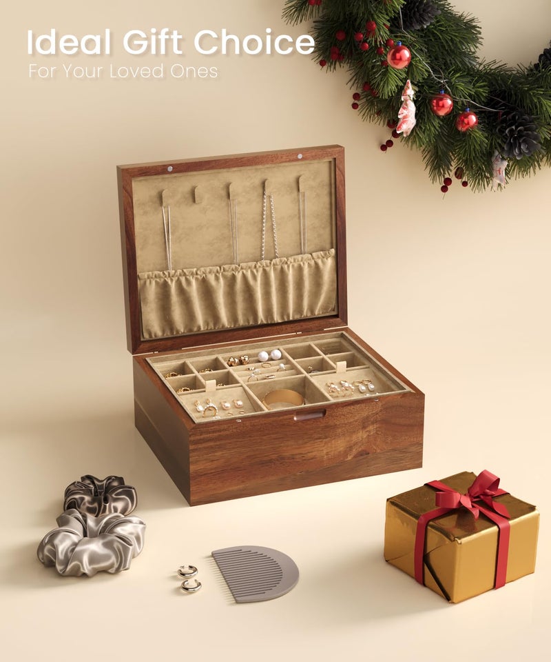 Danfoxer Acacia Wood Jewelry Box Organizers, Wooden Jewellery Organizer with Hinged Lids and Removable Jewelry Tray for Necklace Earring Rings and Bracelet - Image 5