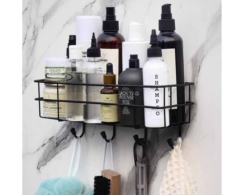 Haristar Haristar Steel SelfAdhesive Multipurpose Bathroom Shelf with HooksTowel HolderRackBathroom AccessoriesWall Mount Pack of 1 BlackPowder Coated  - Image 1