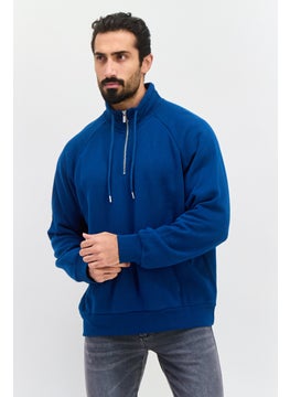 Men High Neck Long Sleeves Solid Sweatshirts, Blue