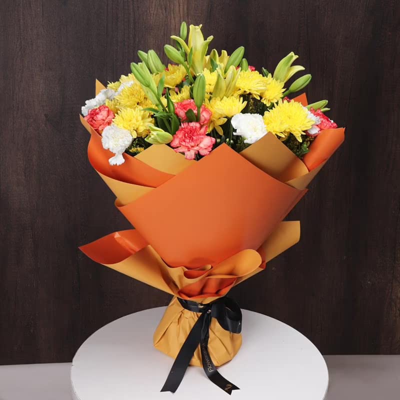 Floweraura FlowerAura Fresh Live Flower Bouquet of 15 Carnations 4 Daisy 4 Lilies Flowers For Birthday Gift Anniversary Gift Wedding Gift Farewell Gift Gift For Special Occasions Same Day Delivery  - Image 1