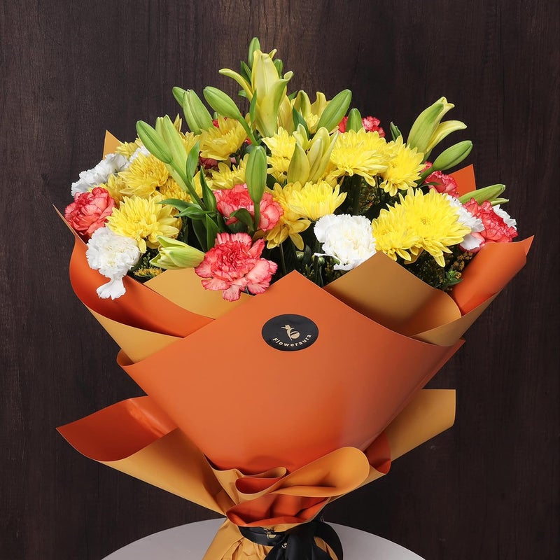 Floweraura FlowerAura Fresh Live Flower Bouquet of 15 Carnations 4 Daisy 4 Lilies Flowers For Birthday Gift Anniversary Gift Wedding Gift Farewell Gift Gift For Special Occasions Same Day Delivery  - Image 2