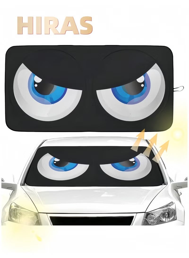 Car Windshield Sun Shade, Car Sun Shade Funny Car Eyes Sun Visor for Car Front Windshield, Foldable with Storage Pouch,UV Protection Keep Vehicle Cooler 150cm*70cm -Blue - Image 1
