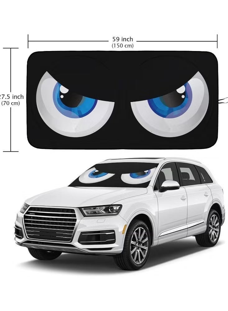 Car Windshield Sun Shade, Car Sun Shade Funny Car Eyes Sun Visor for Car Front Windshield, Foldable with Storage Pouch,UV Protection Keep Vehicle Cooler 150cm*70cm -Blue - Image 2